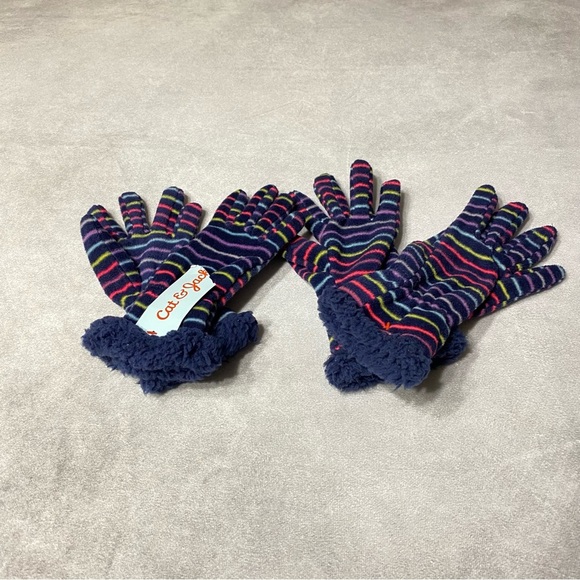 Cat & Jack Girls Winter Gloves Fleece Navy Striped Lot Of 2 Gloves Sz 4-7 8-16 - Picture 1 of 8